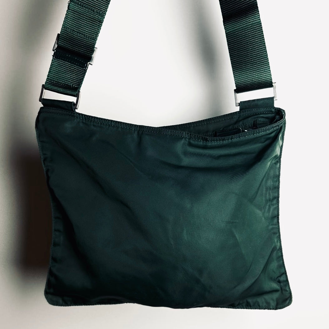 Prada Tessuto Dark Green Monogram Logo Nylon Shoulder Sling Bag