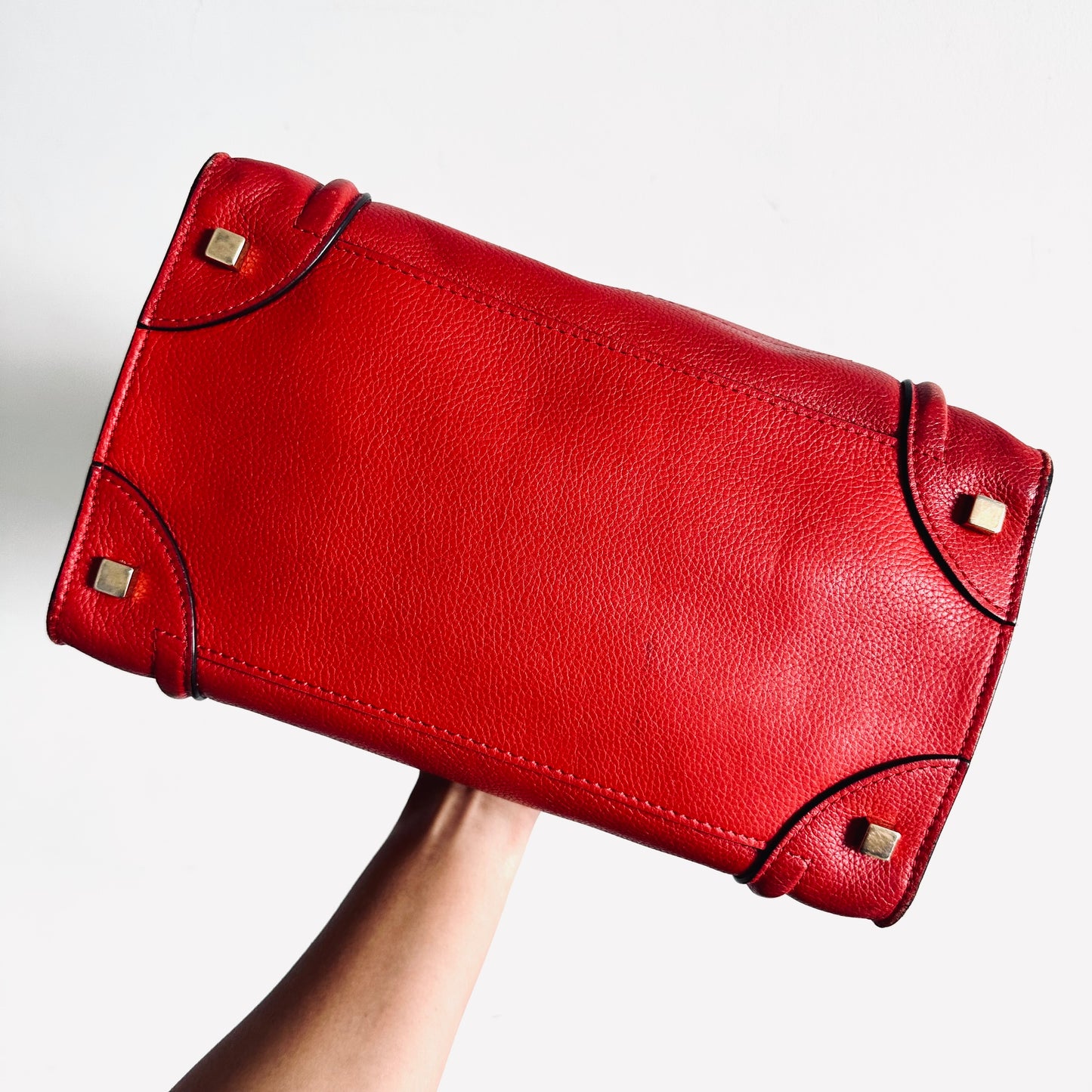 Celine Deep Rouge Red GHW Mini Luggage Logo Drummed Calfskin Top Handle Shoulder Tote Bag