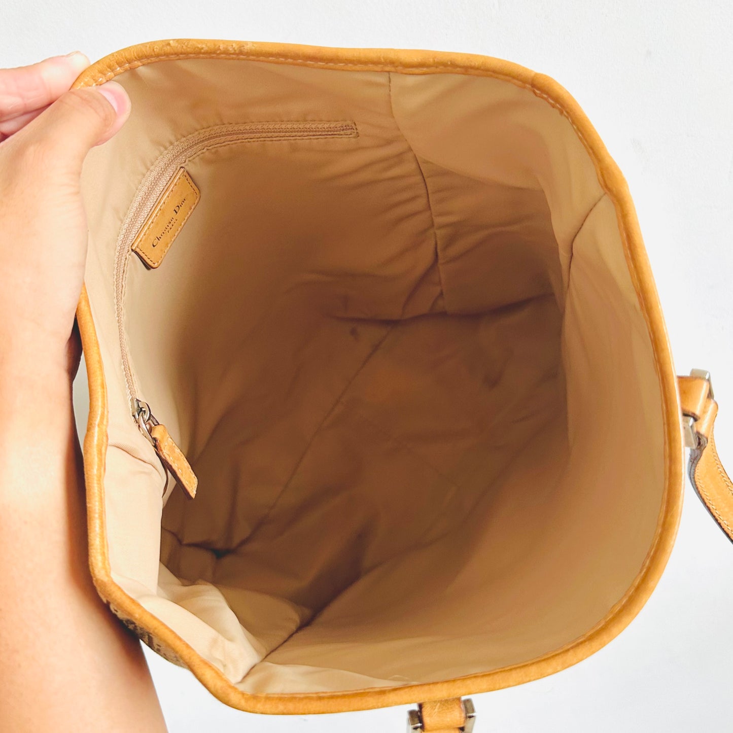 Christian Dior CD Caramel Brown Iridescent Monogram Logo Shopper Shoulder Tote Bag