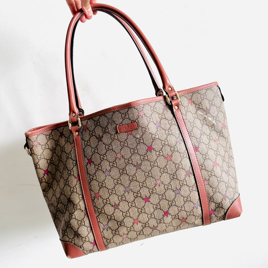 Gucci Beige / Pink Supreme Joy Stars GG Monogram Logo GHW Shopper Shoulder Tote Bag