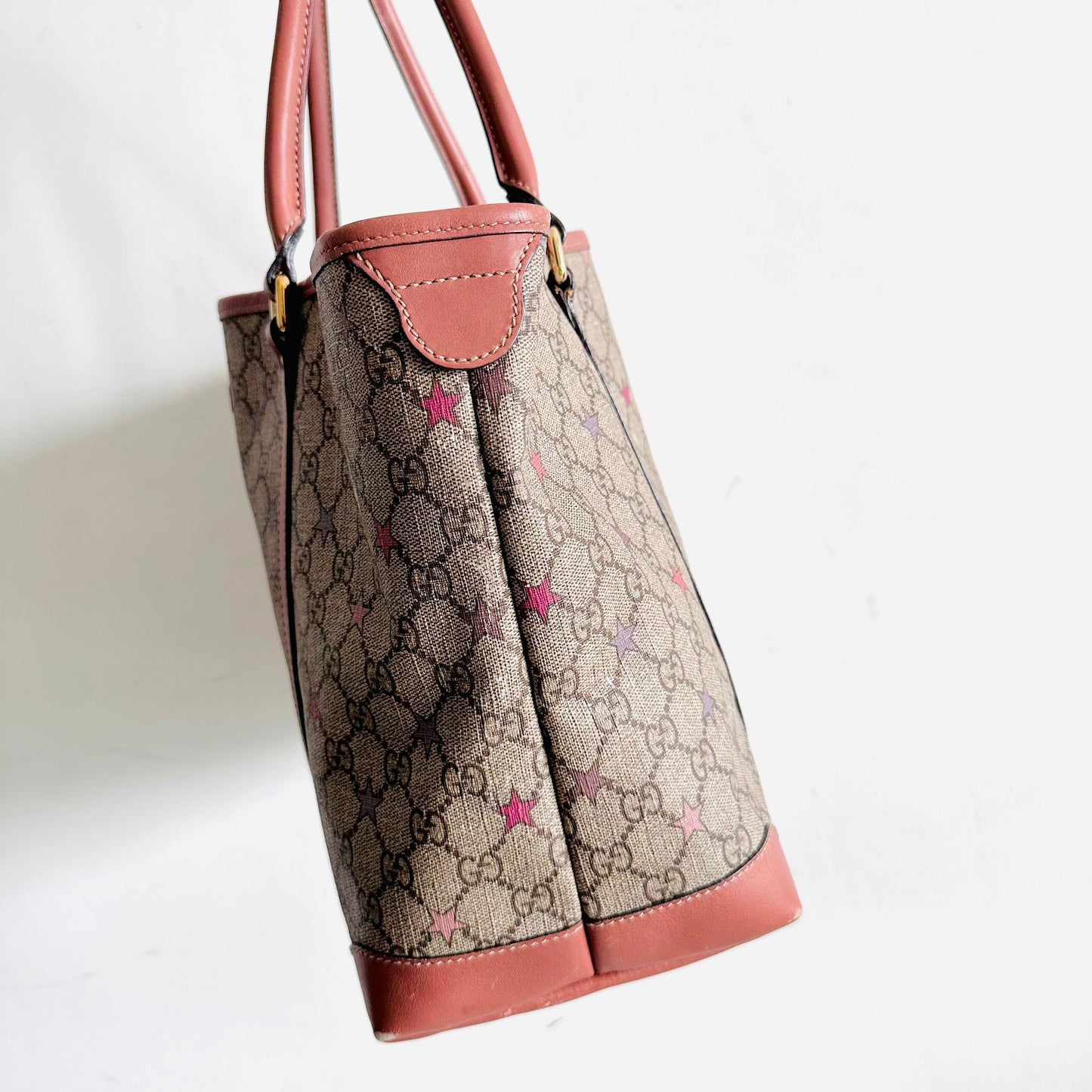 Gucci Beige / Pink Supreme Joy Stars GG Monogram Logo GHW Shopper Shoulder Tote Bag