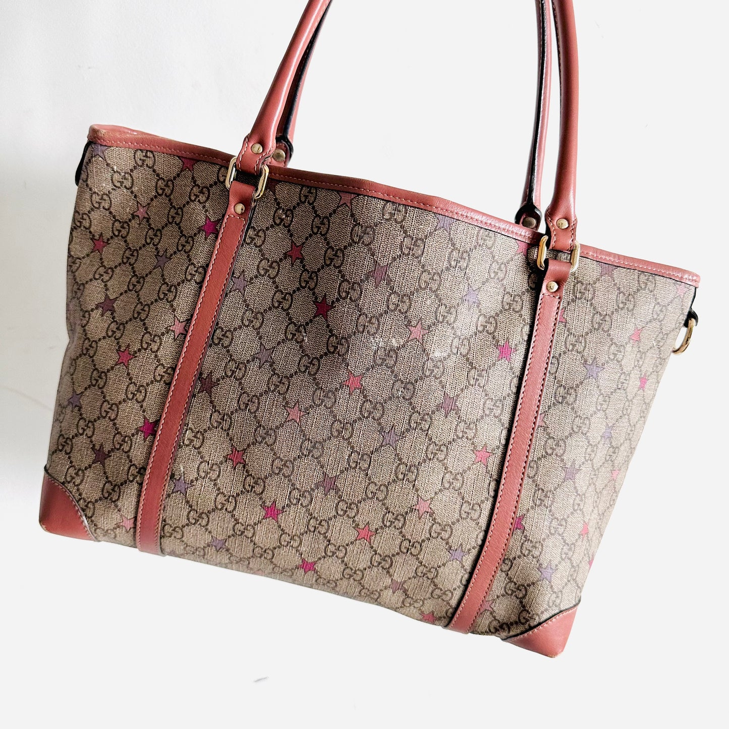 Gucci Beige / Pink Supreme Joy Stars GG Monogram Logo GHW Shopper Shoulder Tote Bag