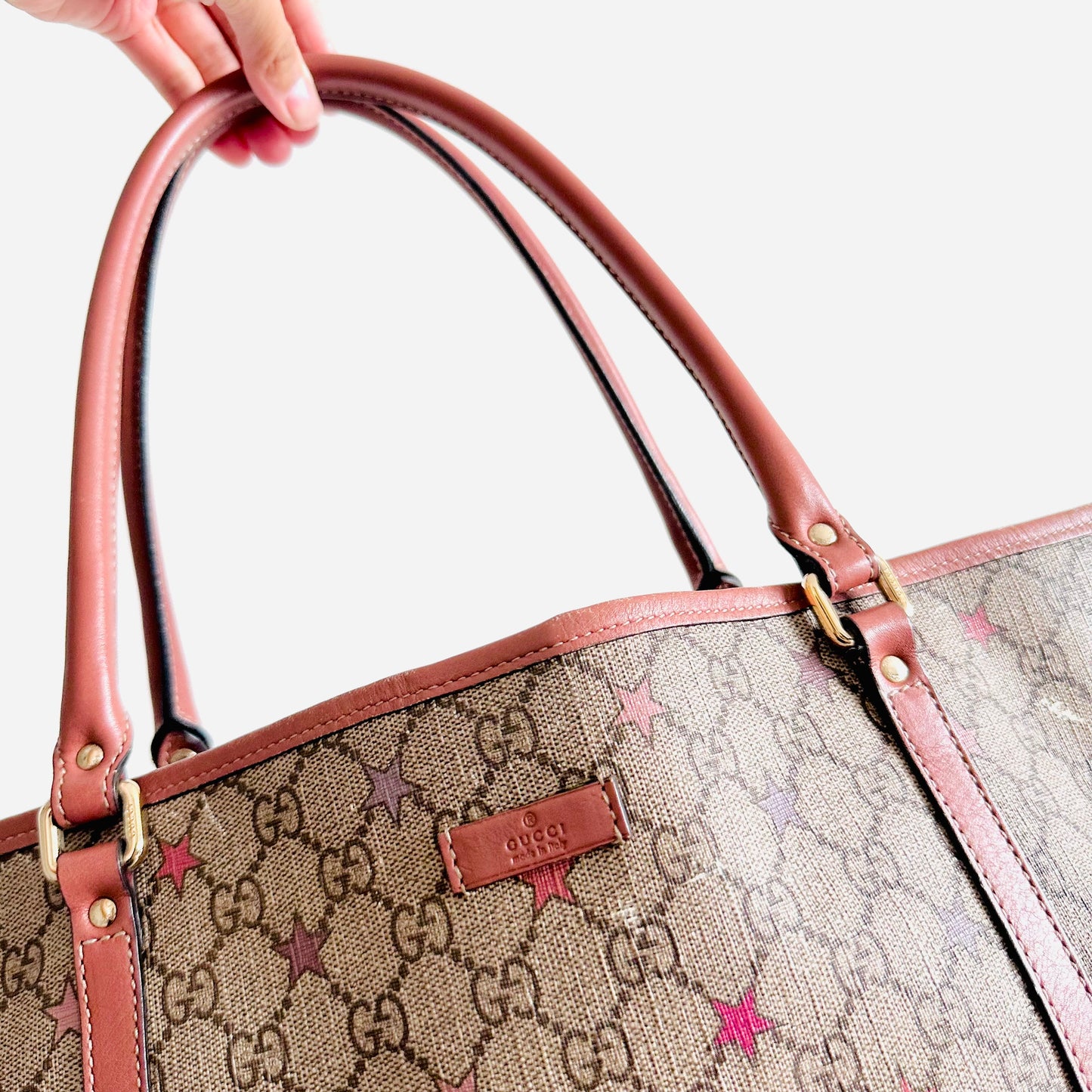 Gucci Beige / Pink Supreme Joy Stars GG Monogram Logo GHW Shopper Shoulder Tote Bag