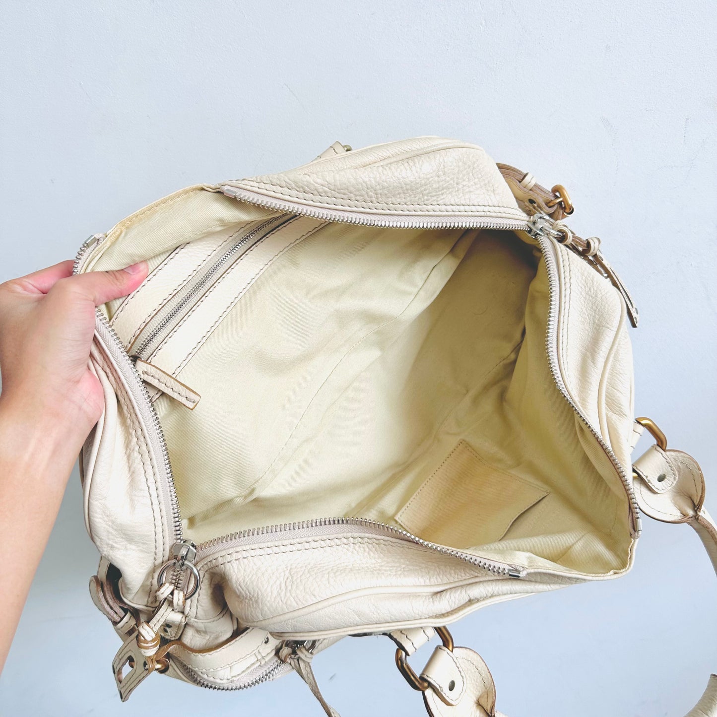 Chloe Paddington Cream White GHW Classic Leather Zip Shoulder Tote Bag
