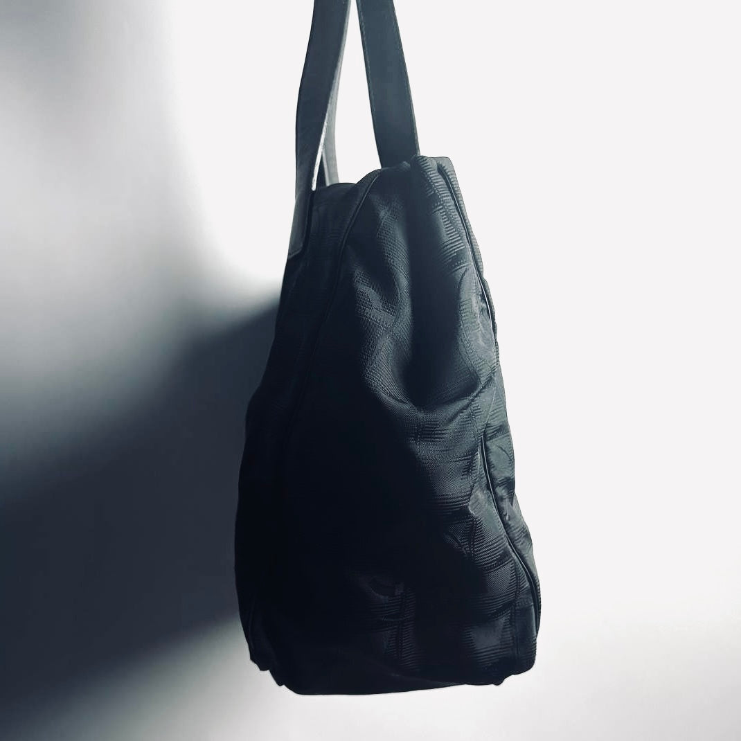 Chanel Black Travel Line Quilted Jacquard CC Monogram Logo Shoulder Shopper Tote Bag 7s
