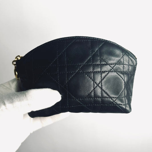 Christian Dior CD Black GHW Lady Dior Monogram Logo Cannage Quilted Lambskin Zip Cosmetic Toiletry Pouch Clutch Case
