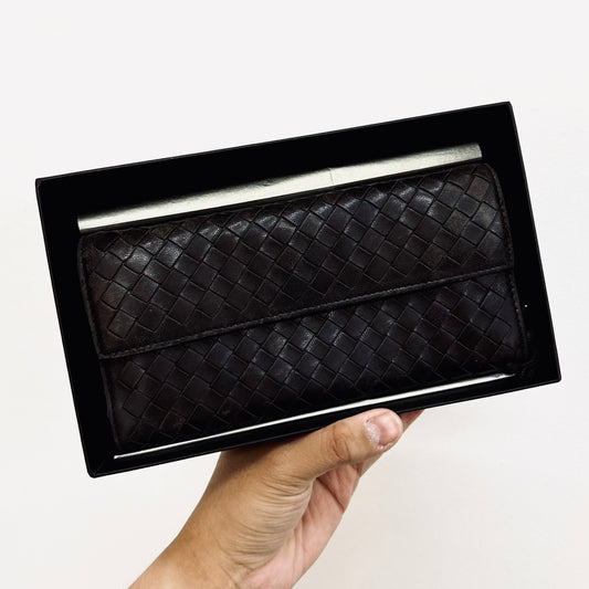 Bottega Veneta BV Dark Brown Continental Intrecciato Nappa Woven Leather Flap Long Wallet