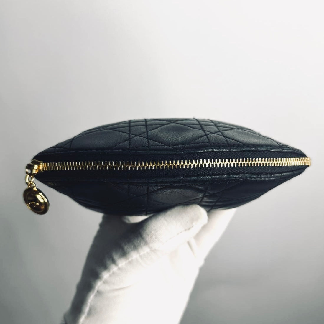 Christian Dior CD Black GHW Lady Dior Monogram Logo Cannage Quilted Lambskin Zip Cosmetic Toiletry Pouch Clutch Case