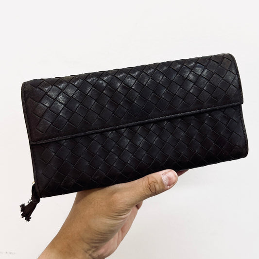 Bottega Veneta BV Dark Brown Continental Intrecciato Nappa Woven Leather Flap Long Wallet