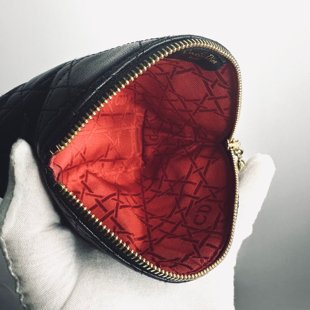 Christian Dior CD Black GHW Lady Dior Monogram Logo Cannage Quilted Lambskin Zip Cosmetic Toiletry Pouch Clutch Case
