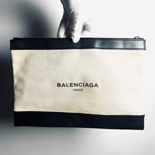 Balenciaga Black / White Everyday Medium Classic Clip M Toile / Leather Zip Clutch Folio Pouch Case