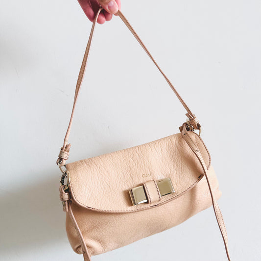 Chloe Lily Pale Blush Pink Bow Monogram Logo Pebbled Leather Top Handle Flap Shoulder Sling Bag