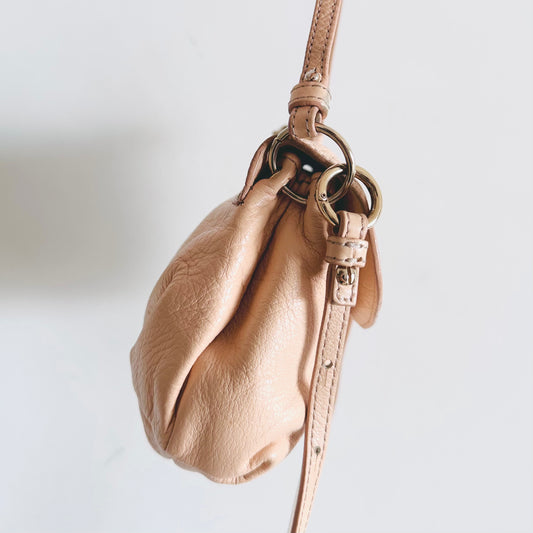 Chloe Lily Pale Blush Pink Bow Monogram Logo Pebbled Leather Top Handle Flap Shoulder Sling Bag