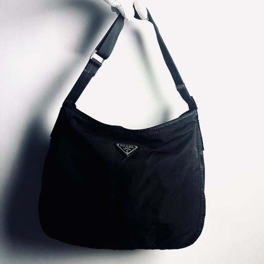 Prada Black Vela Classic Monogram Logo Hobo Baguette Nylon & Leather Shoulder Sling Bag