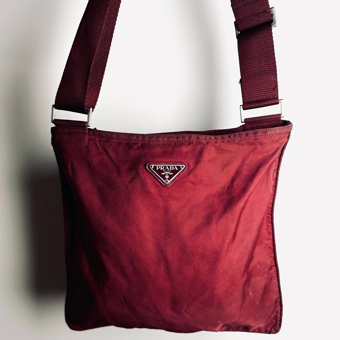 Prada Maroon Red Tessuto Nylon Monogram Logo Shoulder Sling Bag