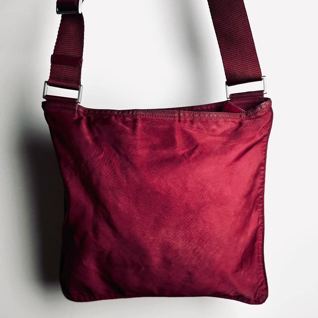 Prada Maroon Red Tessuto Nylon Monogram Logo Shoulder Sling Bag