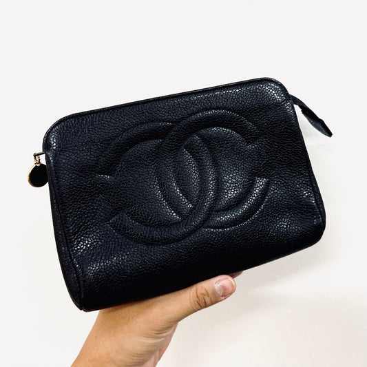 Chanel Black GHW Caviar Giant CC Monogram Logo Zip Pouch Clutch Case