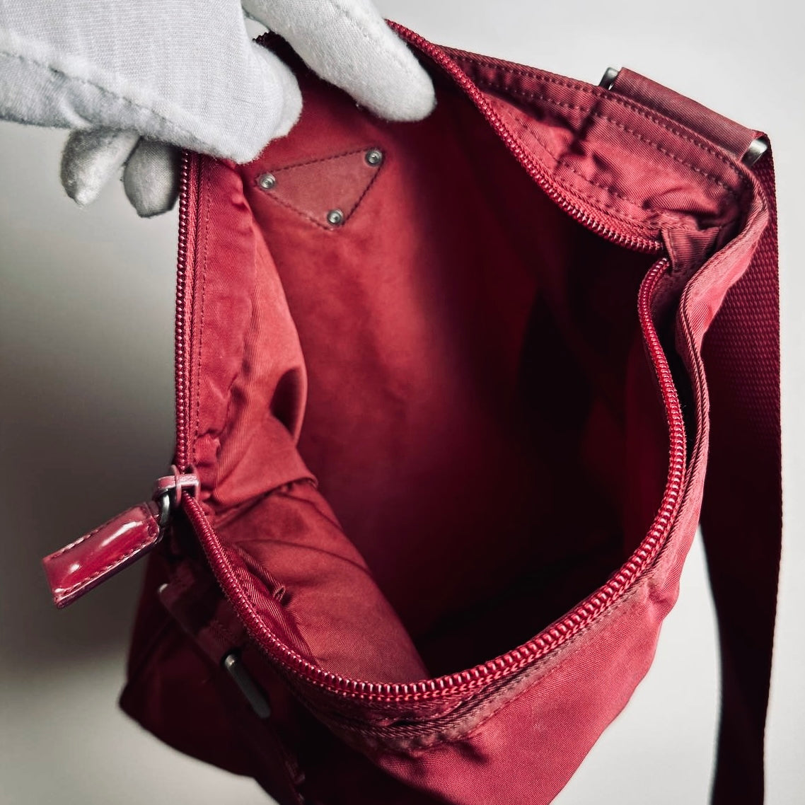 Prada Maroon Red Tessuto Nylon Monogram Logo Shoulder Sling Bag