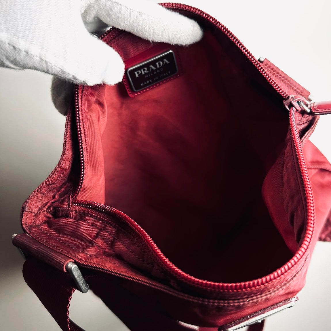 Prada Maroon Red Tessuto Nylon Monogram Logo Shoulder Sling Bag