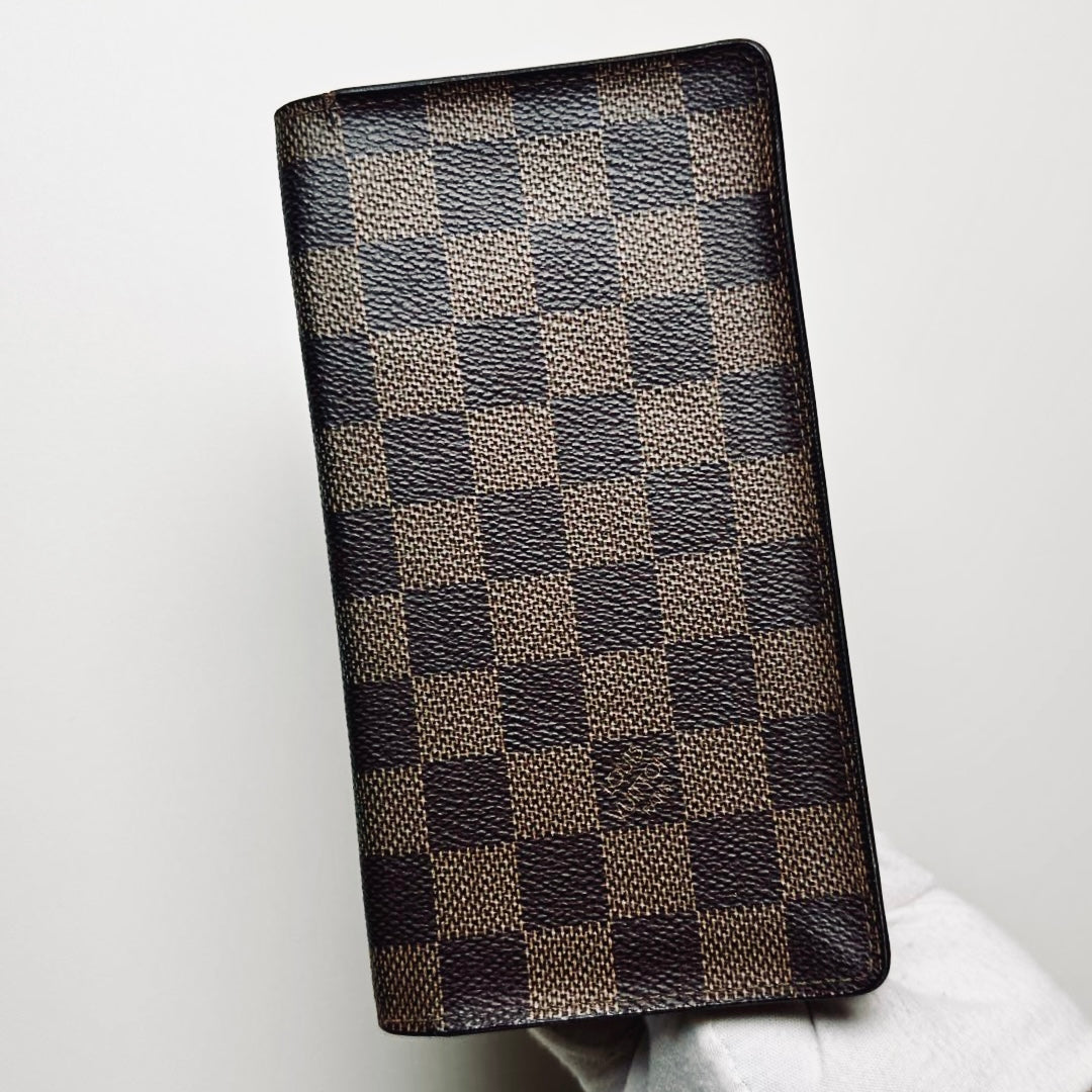 Louis Vuitton LV Porte Yen Brazza Damier Ebene DE Monogram Logo Long Bifold Flap Slim Wallet