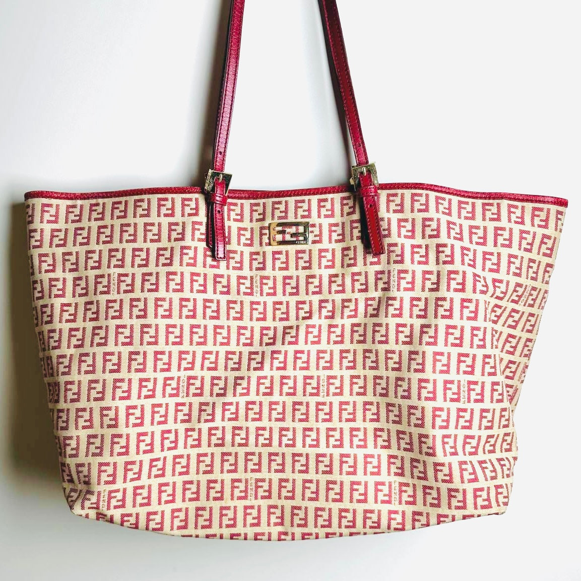 Fendi Zucca Red GHW FF Monogram Logo Shopper Shoulder Zucchino Tote Bag