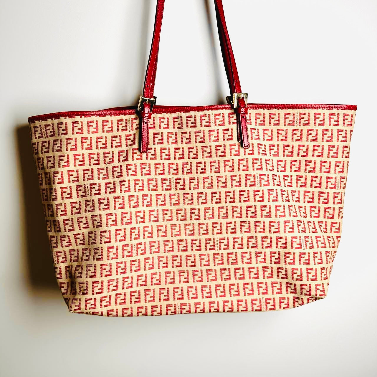 Fendi Zucca Red GHW FF Monogram Logo Shopper Shoulder Zucchino Tote Bag