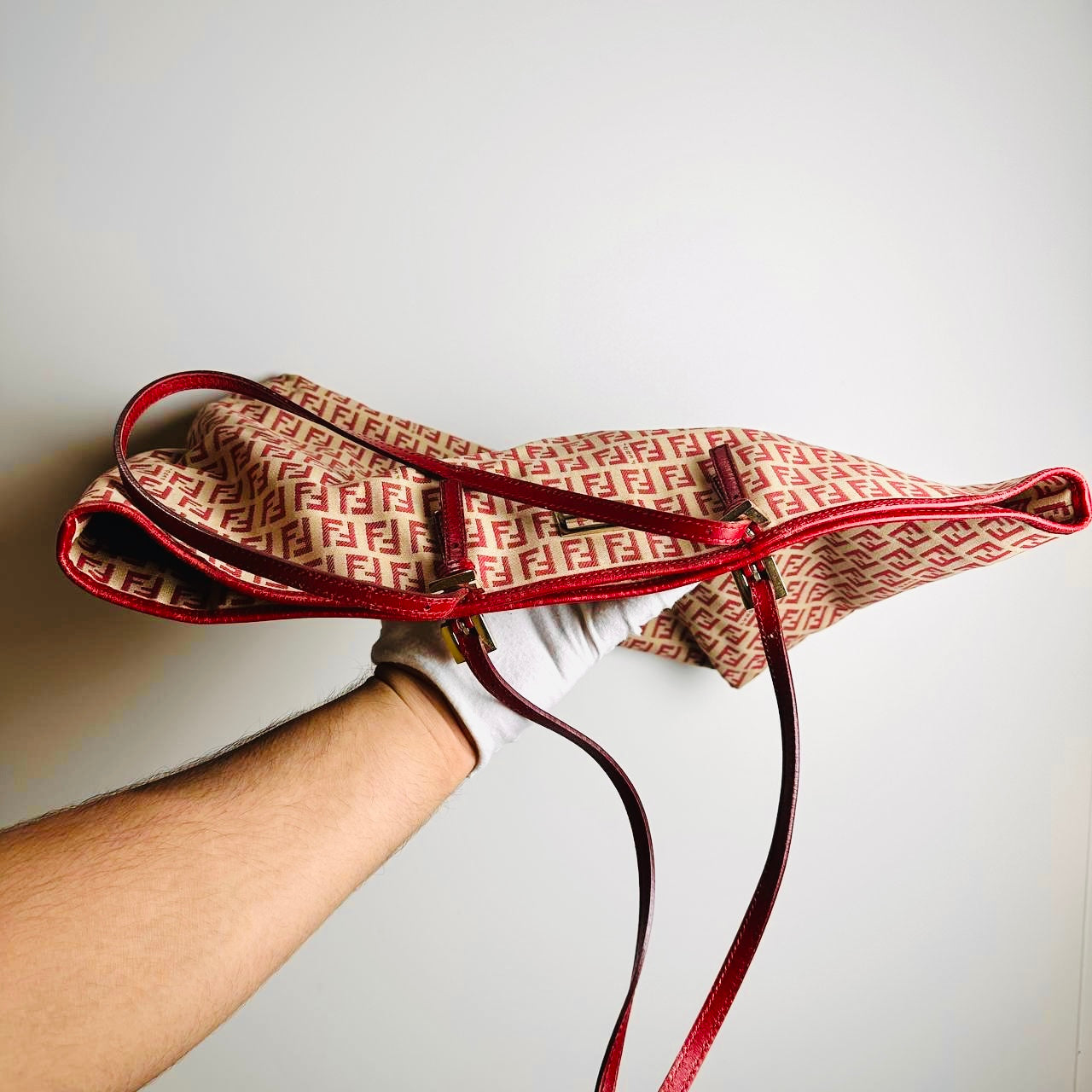 Fendi Zucca Red GHW FF Monogram Logo Shopper Shoulder Zucchino Tote Bag