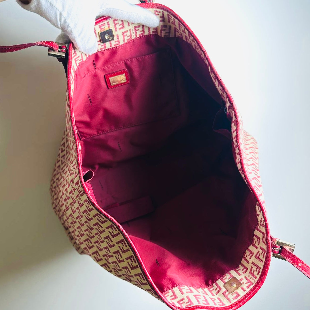 Fendi Zucca Red GHW FF Monogram Logo Shopper Shoulder Zucchino Tote Bag