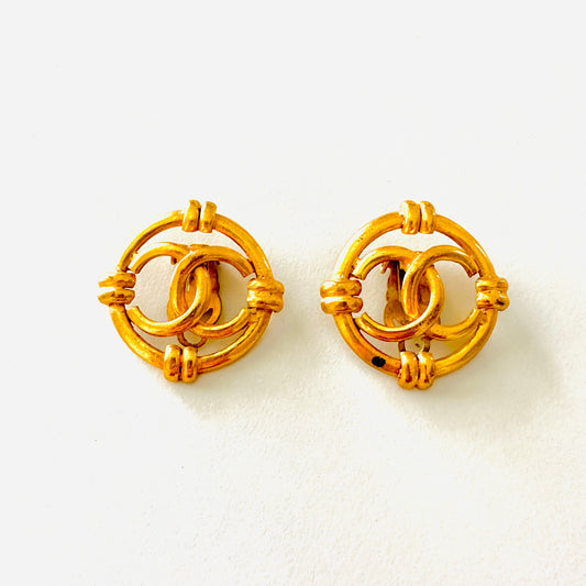 Chanel Large Giant CC Signature Logo Classic Gold Clip On Vintage Earrings