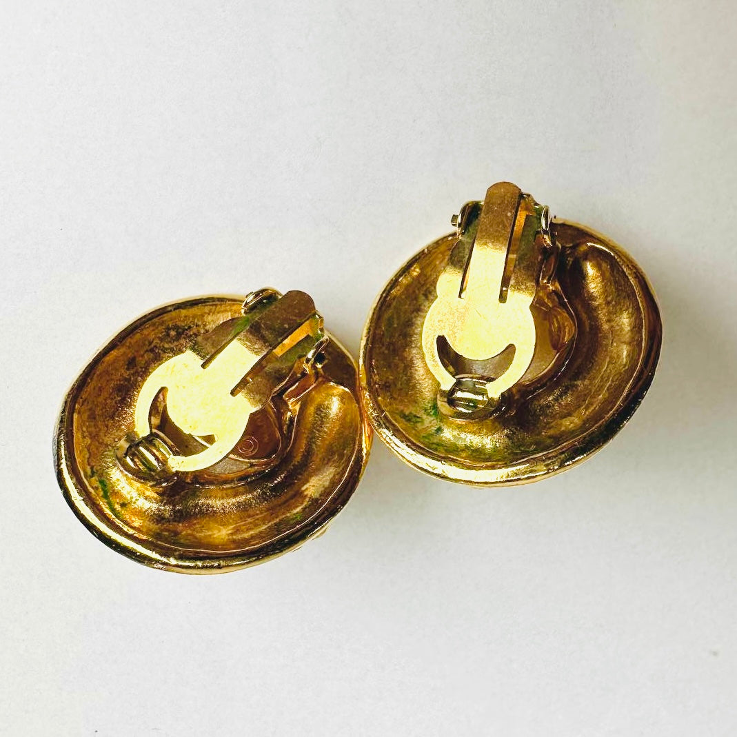 Chanel Gold & Pearls Giant CC Monogram Logo 93P Large Round Vintage Clip On Earrings