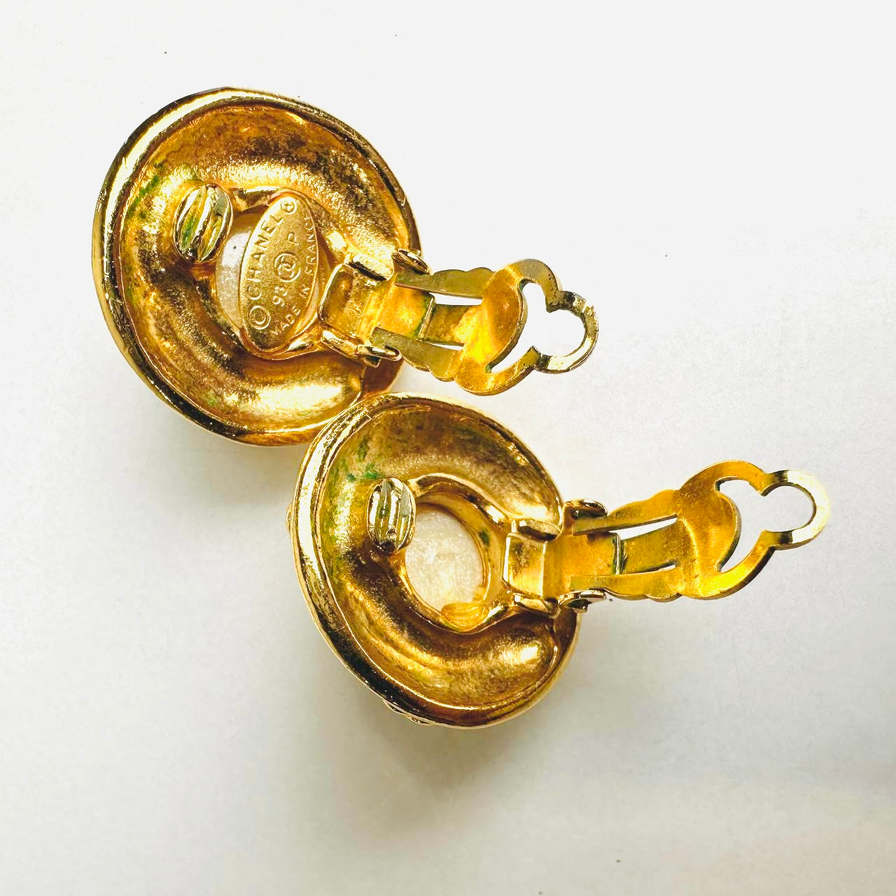 Chanel Gold & Pearls Giant CC Monogram Logo 93P Large Round Vintage Clip On Earrings