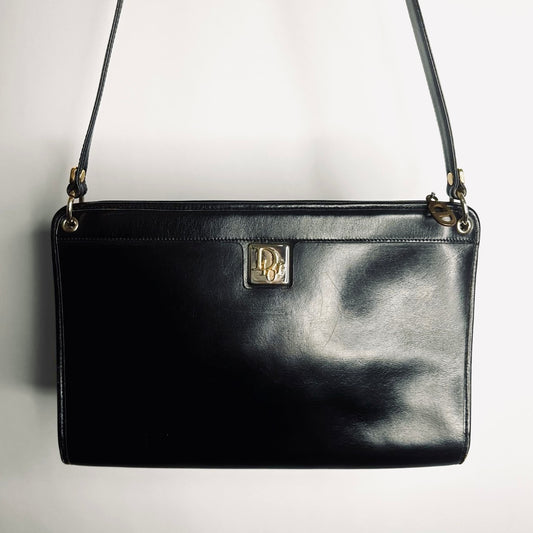 Christian Dior CD Black GHW Monogram Logo Leather Vintage Zip Shoulder Sling Bag