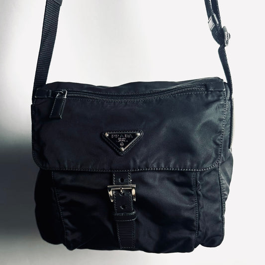 Prada Black Monogram Logo Classic Tessuto Nylon & Leather Flap Shoulder Sling Bag
