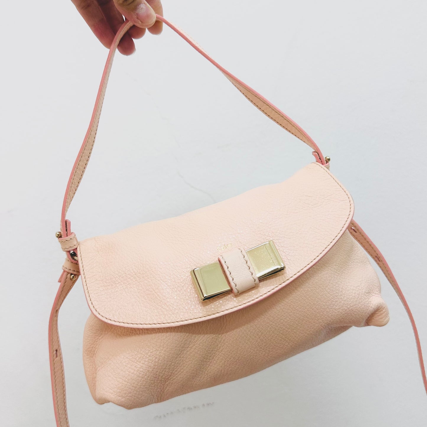 Chloe Lily Bliss Pink Bow Monogram Logo Pebbled Leather Top Handle Flap Shoulder Sling Bag