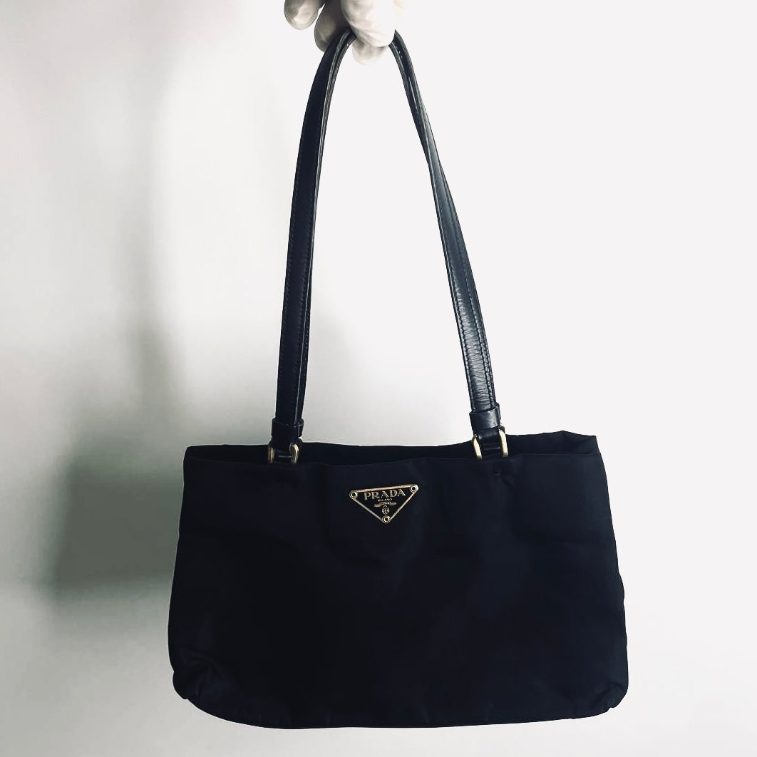 Prada Black GHW Tessuto Classic Monogram Logo Shopper City Nylon Shoulder Tote Bag