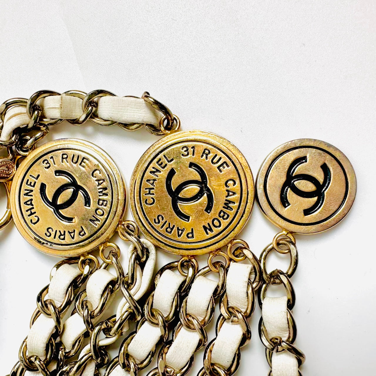 Chanel CC White GHW Gold Giant Multiple Monogram Logo Chain Leather Layered Triple Iconic Belt