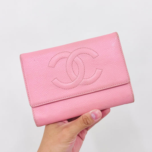 Chanel Sakura Pink GHW Giant CC Monogram Logo Caviar Vintage Compact Trifold Flap Wallet 8s