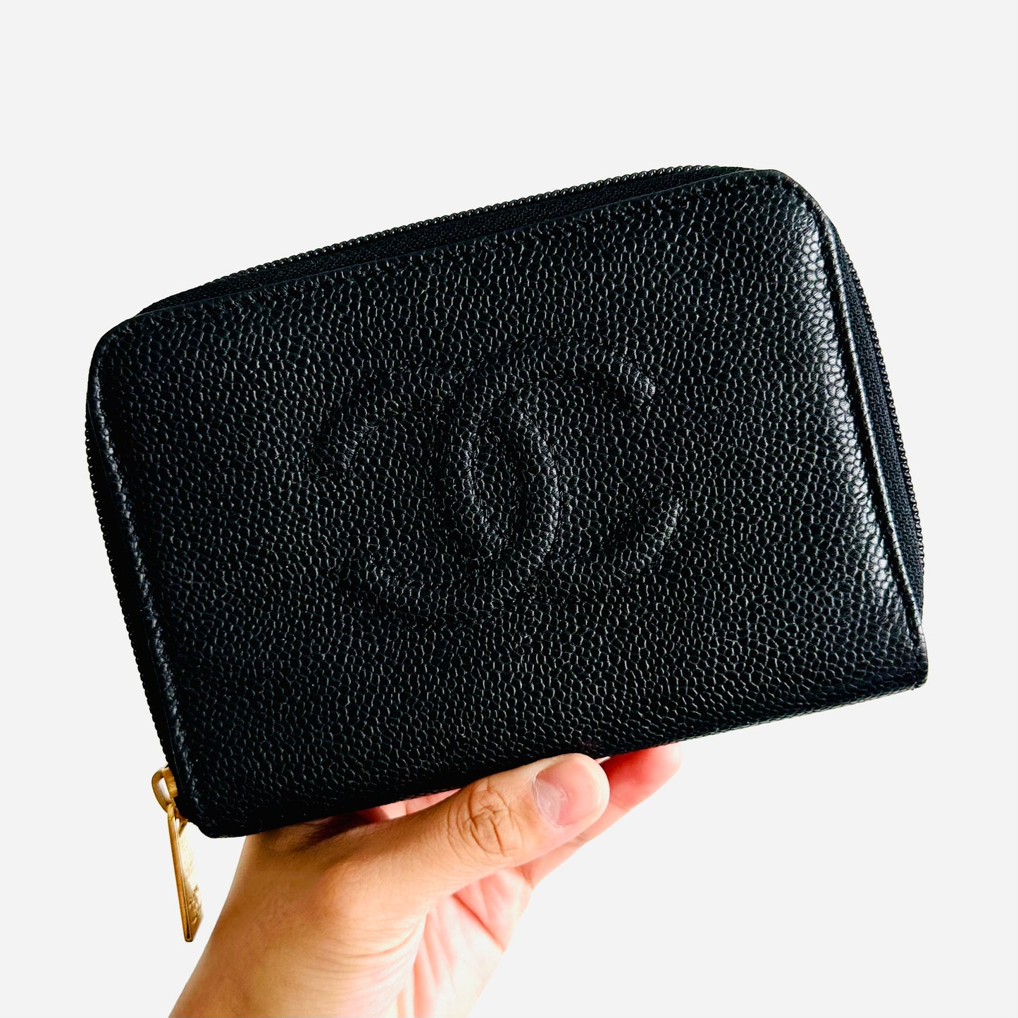 Chanel Black GHW Giant CC Logo Quilted Caviar Zippy Zip Around Bifold Compact Wallet 5s