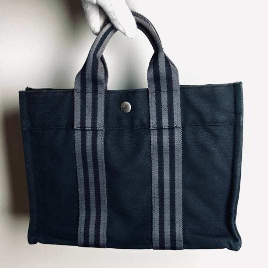 Hermes Navy Blue Herline Fourre Fool Toile PM Structured Shopper Tote Bag