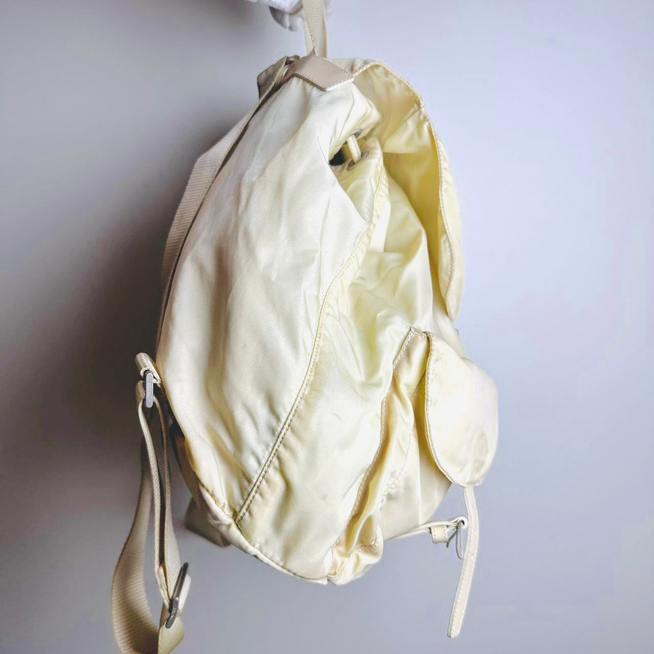 Prada Off White Tessuto Monogram Logo Nylon & Leather Backpack Flap Drawstring Bag