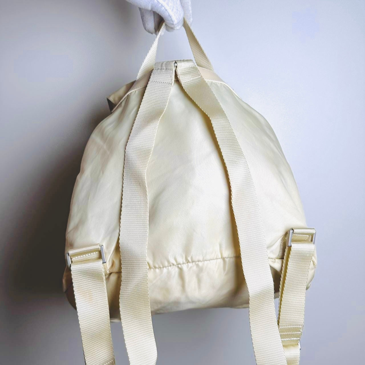 Prada Off White Tessuto Monogram Logo Nylon & Leather Backpack Flap Drawstring Bag