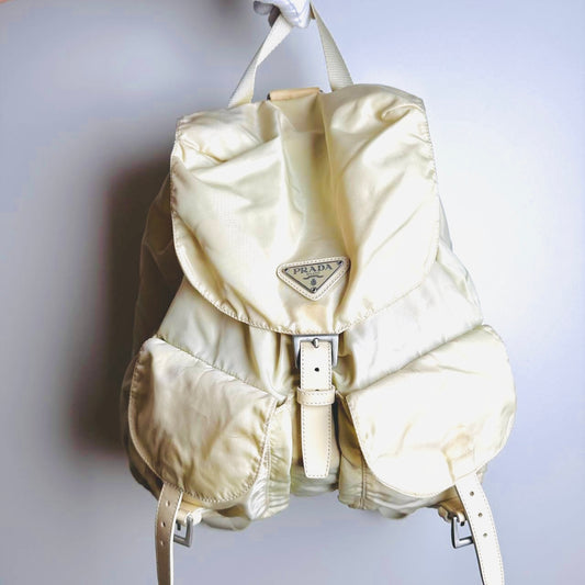 Prada Off White Tessuto Monogram Logo Nylon & Leather Backpack Flap Drawstring Bag