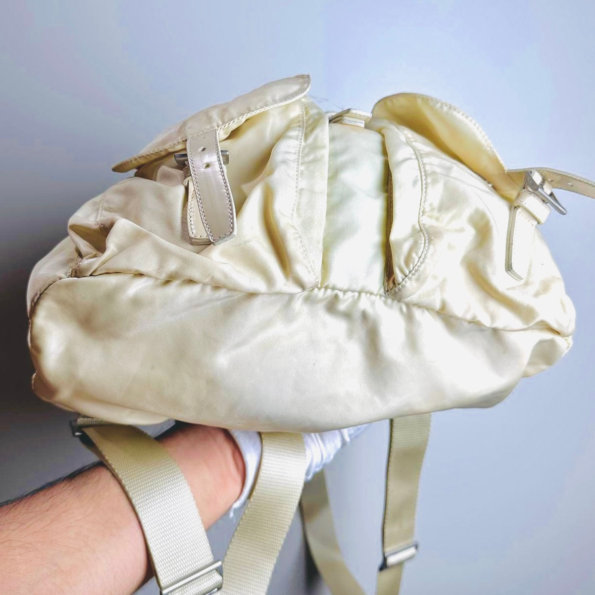 Prada Off White Tessuto Monogram Logo Nylon & Leather Backpack Flap Drawstring Bag