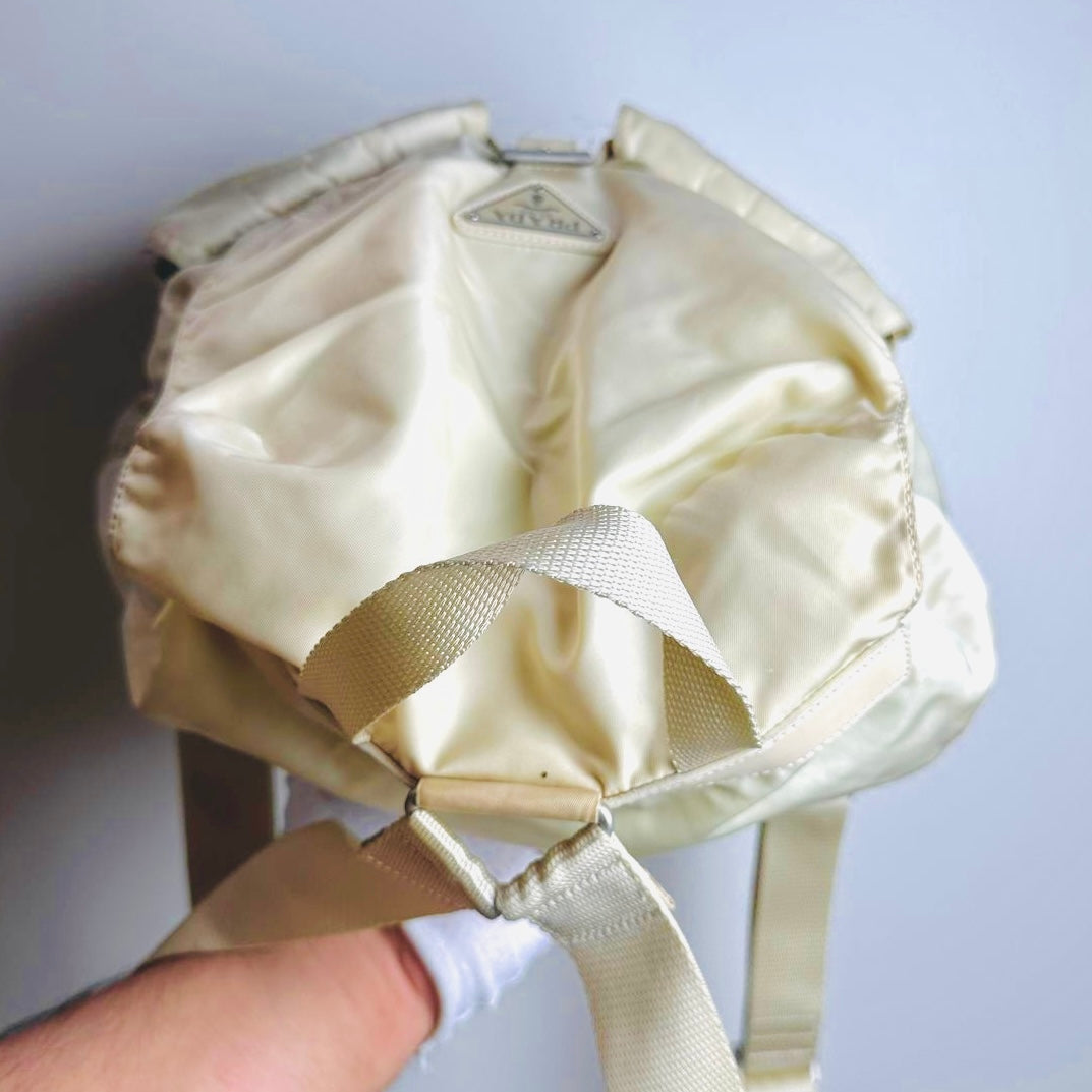Prada Off White Tessuto Monogram Logo Nylon & Leather Backpack Flap Drawstring Bag