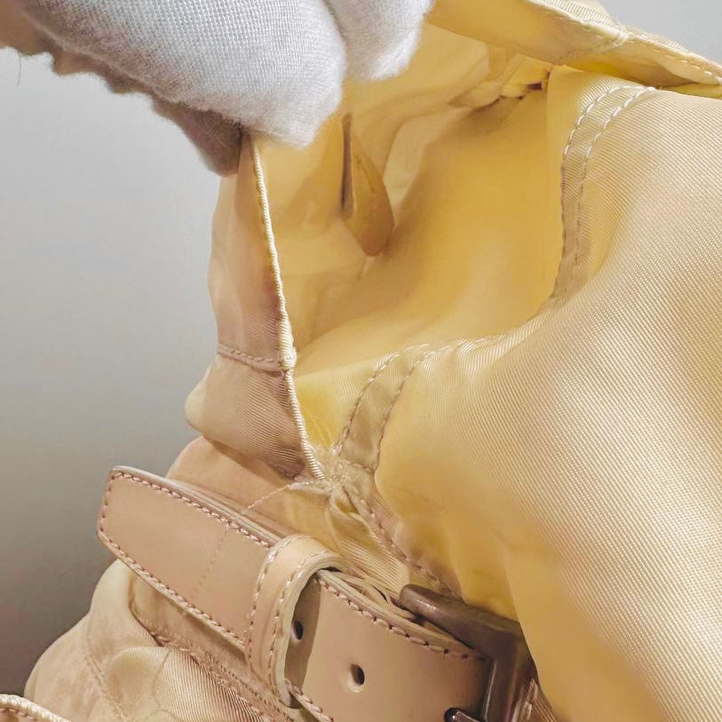 Prada Off White Tessuto Monogram Logo Nylon & Leather Backpack Flap Drawstring Bag