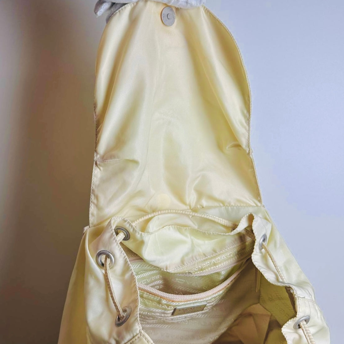 Prada Off White Tessuto Monogram Logo Nylon & Leather Backpack Flap Drawstring Bag