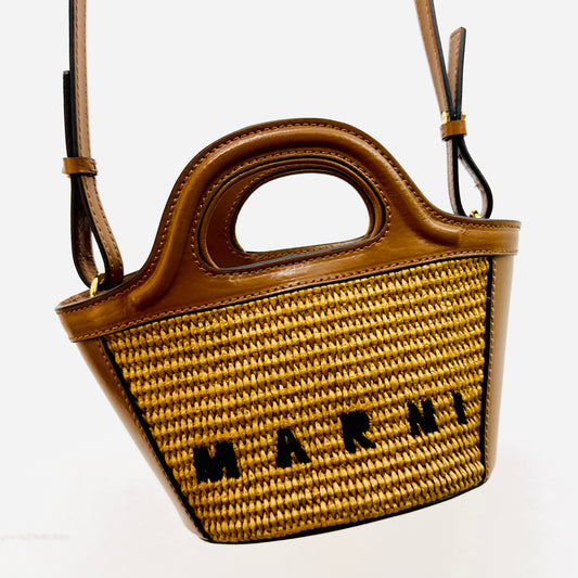 Marni Micro Tropicalia Beige / Tan Monogram Logo Interwoven Raffia / Leather Basket 2-Way Shoulder Sling Bucket Tote Bag