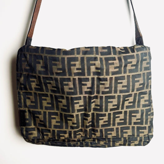 Fendi Brown FF Zucca Monogram Logo Full Flap Shoulder Sling Bag