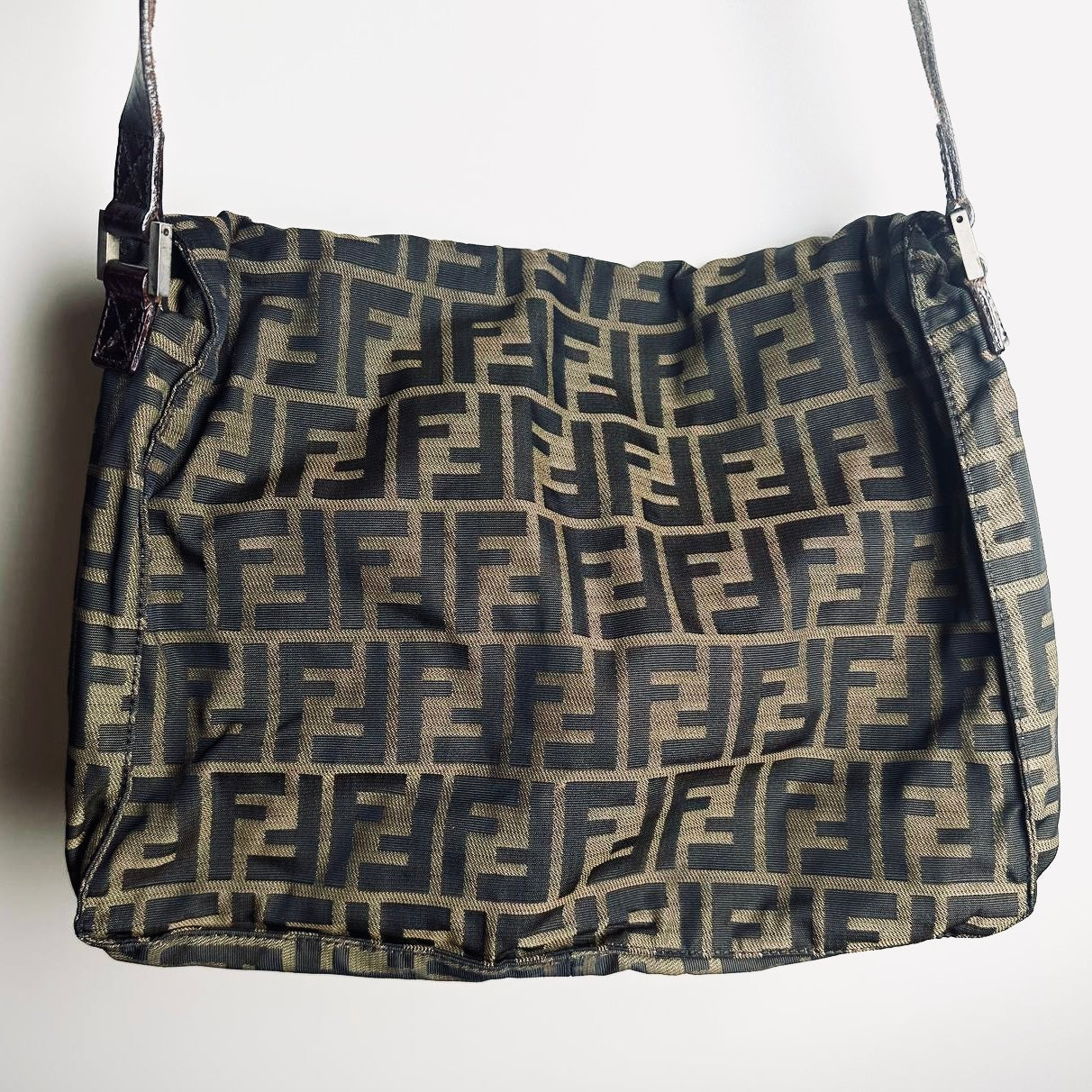 Fendi Brown FF Zucca Monogram Logo Full Flap Shoulder Sling Bag