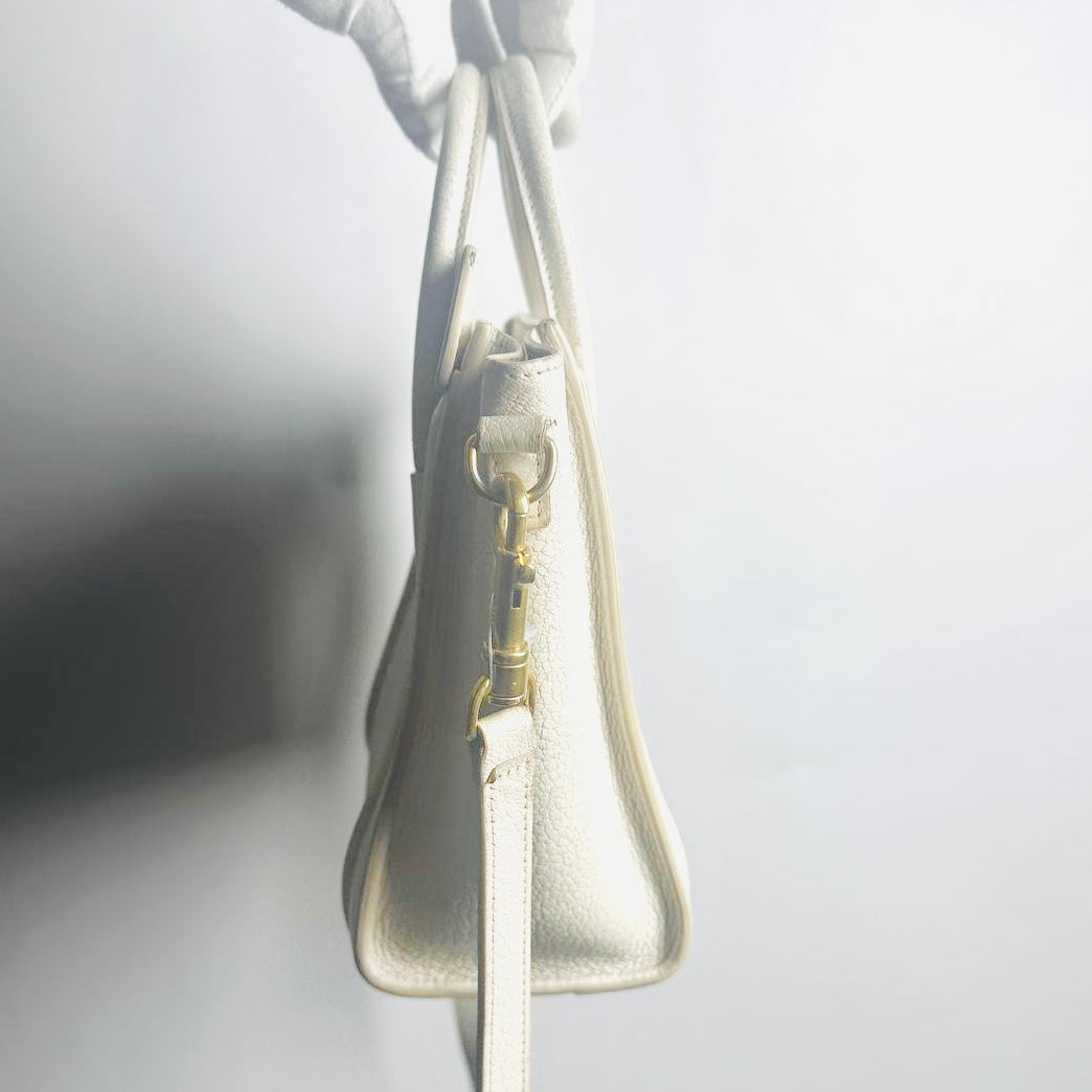 Celine Nano Luggage White GHW Grained Calfskin Monogram Logo 2-Way Top Handle Shoulder Sling Bag